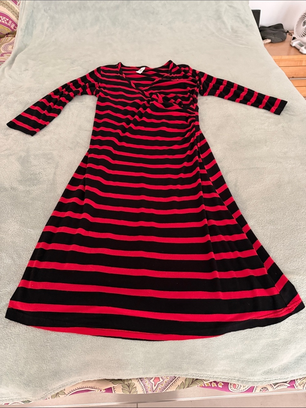 Yala Black and Red Striped Long-Sleeve Wrap Midi Dress Bamboo Viscose size L